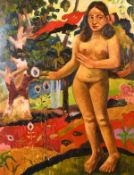 After Gauguin, A female nude in a colourful landscape, oil on canvas, 30