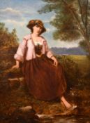 19th century school, A female resting by a river amongst wildflowers with a landscape beyond, oil on