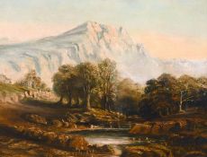 19th century school, A view of a stream with snow-capped mountains beyond, oil on panel, 14
