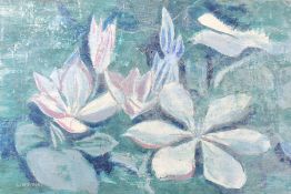 20th century British school, Stylised waterlilies on a pond, oil on board, signed 'Wright', 20
