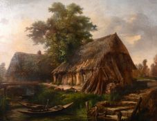 Jules Louis Marie Lhote (19 century) French, Riverside dwellings with moored boats and livestock,
