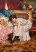 William A. Breakspear (1855-1914) British, 'Dressing for the Ball', A young girl seated on a sofa