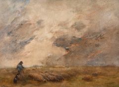 John Terris (1865-1914) British, 'With his Flock', a Shepherd and his dog with a flock of sheep,