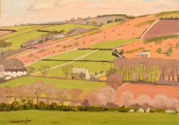 Robert Morson Hughes (1873-1953) British, A view of farm buildings amongst fields, oil on board,