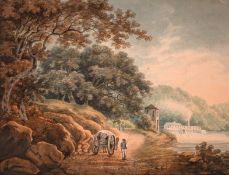 Style of Payne, A French scene of a path along a river with horse and cart, watercolour, monogramed,