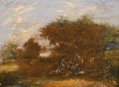 19th century English school, A scene of wayfarers at rest in a landscape, oil on mahogany panel,