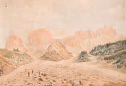 Circle of Thomas Moran, Explorers on a mountain plateau, watercolour, 10.25