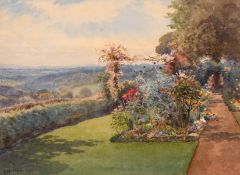 Arthur Mayrick (early 20th century) British, A garden scene with flowers and hedging along a path,
