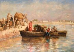 M. Jackson (20th century) Figures loading a boat with camels on the shore, an African scene, oil