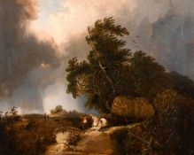 Circle of Edward Williams (1781-1855) British, Figure with a horse and cart on a country road with