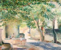 A. Charles (20th century) 'Frejus' figures washing clothes in a quiet courtyard, oil on board,