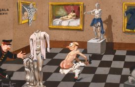 20th century Italian School, A humorous scene in an art gallery, signed 'Punch', 10