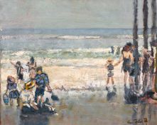 Ross Foster (20th/21st century), Figures on a beach with waves breaking beyond, oil on canvas,