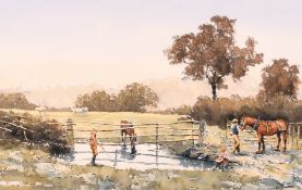Eric Thompson, British, 'At the End of the Day', A scene with figures and horses, watercolour,