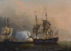 18th Century British school, A pair of scenes depicting a naval engagement, oil on copper, in finely