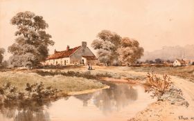 Henry Frier (1849-1921) British, A West Country hamlet with figures by a stream, watercolour, signed