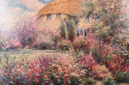 G. Sherman (20th century) A country garden in full bloom with a thatched cottage beyond, oil on