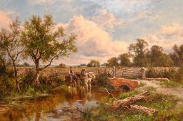 Henry Hillier Parker (1858-1930) British, A scene of horses crossing a river with figures harvesting
