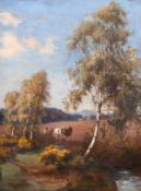 James Kinnear (19th/20th century) British, Horses and a figure in a landscape with fields beyond,