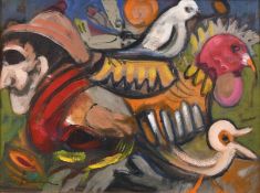 20th century Continental School, An oil on canvas painting featuring a man's head and birds,