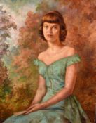 Sabinha Bozcali (1904-1998) Turkish, A portrait of a seated elegant lady holding a fan, oil on