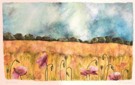 Caroline Lingwood (20th Century). 'Poppies in the Meadow', a Country Landscape, Mixed Media on