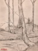 Attributed to Stanislas Lepine (1835-1892) French, A study of trees along a riverside, pencil with