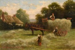 H. Sinclair Jackson (19th/20th century) Harvesting in a Devon hayfield, oil on board, signed, 5
