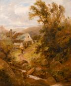 Alfred Hinley (19th century) British, Wayfarers on a country path with a watermill beyond, oil on