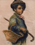 Italian school (Early 20th century), A child carrying a foraging basket and a cane, mixed media,