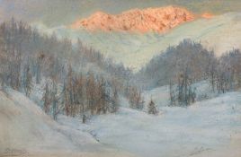 B. Johnson (early 20th century), 'St. Moritz', A view of a snowy valley with sunlit peaks, pastel,