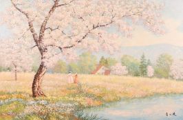 20th Century Chinese school, A young lady and child in a field with almond blossom, oil on canvas,