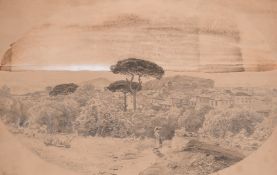 Wahast? 19th century, an extensive Italian landscape with figures and sheep, pencil, signed, 12