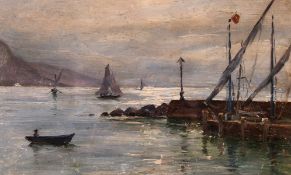 Edmond Marie Petitjean (1844-1925) French, A scene of boats by a harbour wall, oil on board,