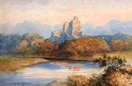 J MacDiarmid (19th/20th century) A view of castle ruins on a hilltop with a river and sheep,