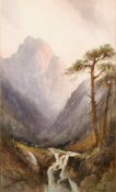 Frederick Pearson, A mountainous highland landscape with grazing sheep and a waterfall, watercolour,