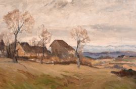 Early 20th century school, Trees and farm buildings in a rolling landscape, oil on board, 14