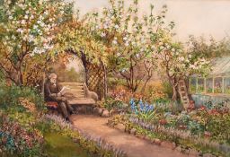 Joshua Fisher (1859-1933) British, 'A Quiet Read' A gentleman sat reading on a bench in a floral