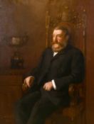 Late 19th century English school portrait of a seated gentleman beside a trophy, oil on canvas,