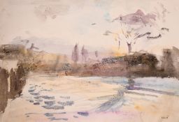 Howard J. Morgan (b. 1949), River landscape at dusk, watercolour, signed and with artist's studio