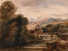 Follower of Peter de Wint. A river landscape with Millhouse and figure crossing a bridge,