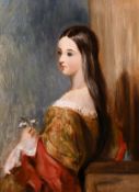 19th century British school, half-length study of a seated lady holding flowers, oil on panel, 12