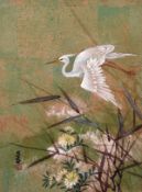 19th century Japanese school, A gliding stork with foliage below, mixed media, signed and sealed,