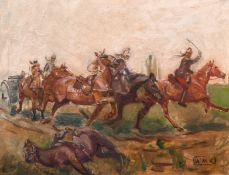 A. M.K. Early 20th century school, An artillery carriage pulled by horses traveling at speed, oil on