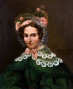 Early 19th century French school, A head and shoulders portrait of a lady with a headdress, oil on