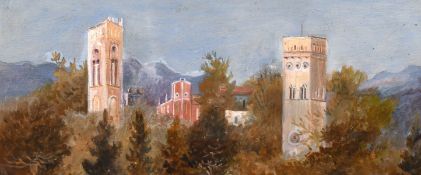 20th Century Continental School. A View of Towers in a Country Landscape with Hills in the Distance,