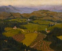 Denis Gilbert (b. 1922) British, An extensive continental landscape at dusk, oil on canvas,