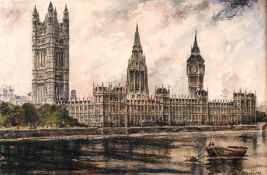 20th Century British School, A view of the Houses of Parliament, pastel and watercolour, signed