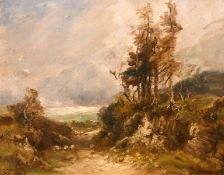 Carl Brennir (1850-1920) British, A scenic path leading to a lake with sheep grazing, oil on