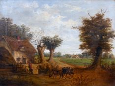 19th century British school, A landscape depicting a farm scene, oil on canvas, 12